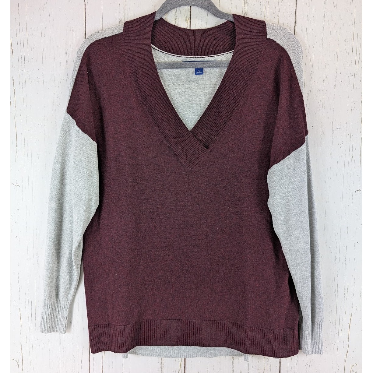 Apt 9 Petite Large Womens Grey Burgundy Long Sleeve V Neck Knit Top